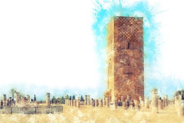 Harabelerle dolu meydanın manzarası ve mavi gökyüzüne karşı Hasan kulesi. Rabat, Fas