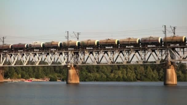 Treno merci sul ponte che attraversa il fiume — Video Stock