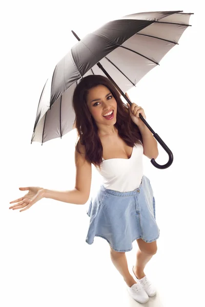 Νεαρή γυναίκα ευτυχισμένη με ομπρέλα. — Φωτογραφία Αρχείου
