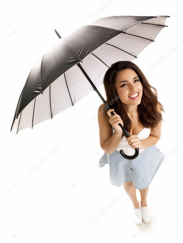 Young happy woman with umbrella.