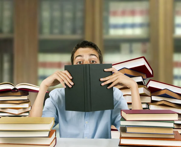Boy studying and books Stock Image