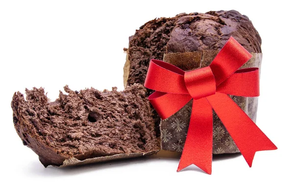 Panettone Chocolate Con Lazo Rojo Navidad Aislado Sobre Fondo Blanco —  Fotos de Stock