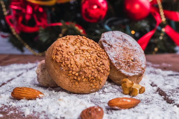 Tradizionali Polveri Natalizie Legno Rustico Con Ornamenti — Foto Stock