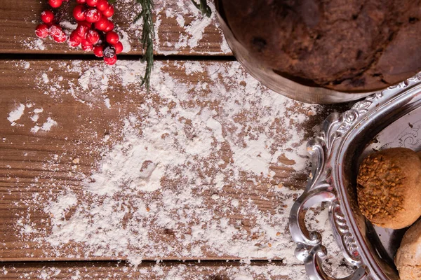 Vista Dall Alto Del Tavolo Legno Con Farina Cucina Preparare — Foto Stock