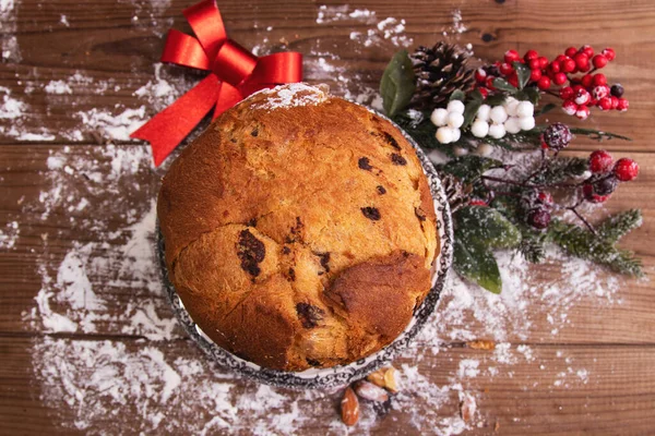 Vista Dall Alto Del Panettone Natalizio Legno Cucina Rustica — Foto Stock