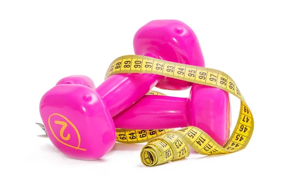 Isolated Gym Dumbbells Measuring Tape — Stock Photo, Image