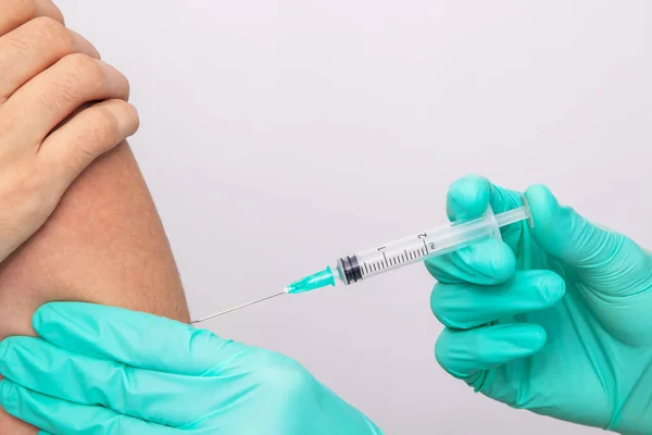 Hands Doctor Nurse Putting Vaccine Arm — Stock Photo, Image