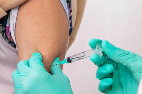 Hands Doctor Nurse Putting Vaccine Arm — Stock Photo, Image