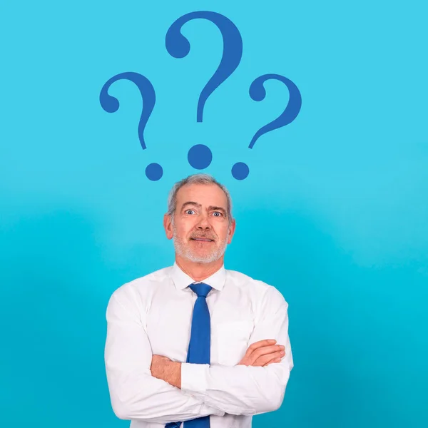 isolated portrait of businessman with question marks
