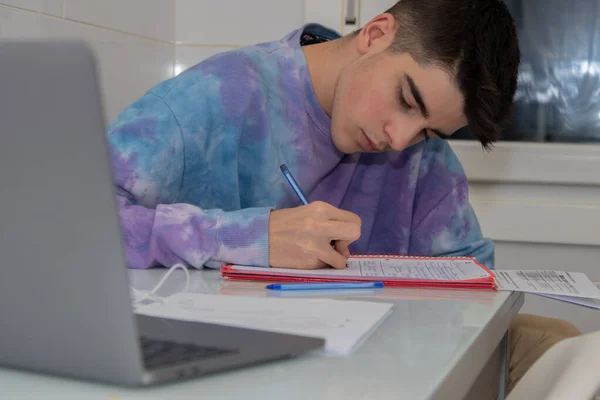 young teenager studying or writing at the desk