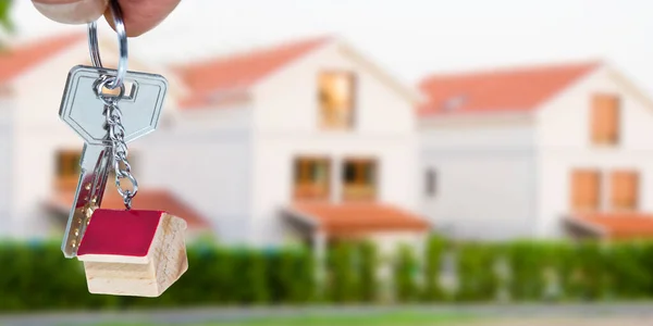 Mano Con Llaves Casas Fondo Comprar Casa — Foto de Stock