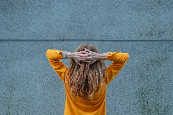 Woman Her Back Her Hands Her Head — Photo