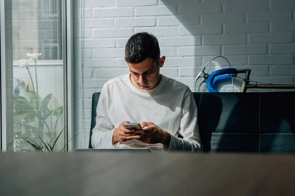 Man Home Working Studying Mobile Phone Computer — Stock Photo, Image