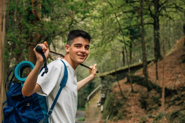 Boy Backpack Hiking Pilgrimage — Stock Photo, Image