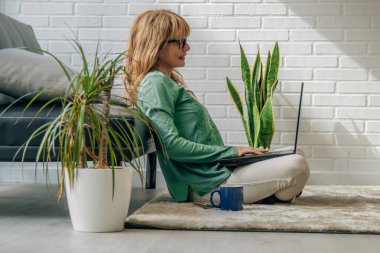 Evde dizüstü bilgisayarla çalışan kadın.