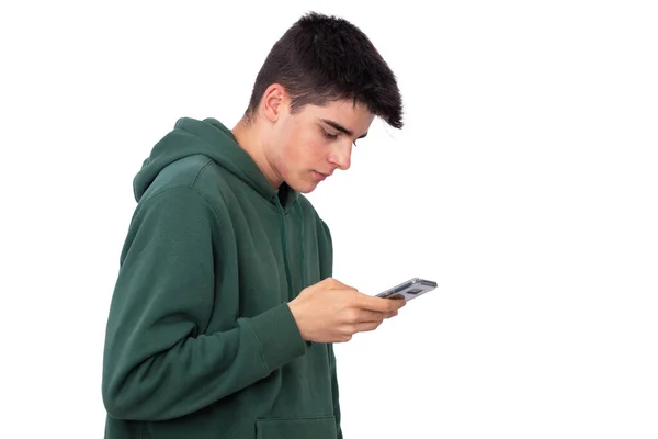 Jovem Isolado Olhando Para Telefone Móvel — Fotografia de Stock
