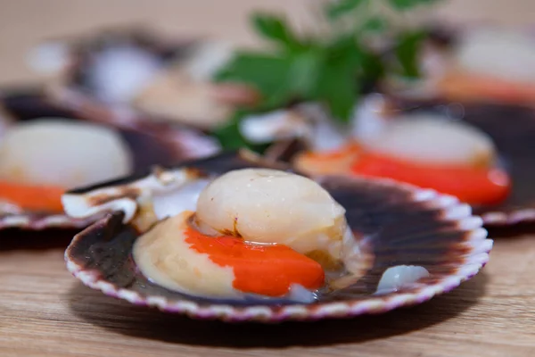 Pétoncles Propres Crus Sur Leurs Coquilles — Photo