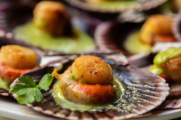 Grilled Scallops Coriander Green Sauce Stone Plate Seafood — Stock Photo, Image