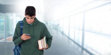 student with books and backpack with mobile phone