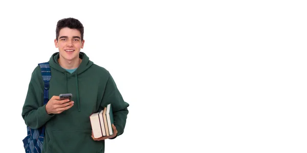 Ізольований Студент Мобільним Телефоном Рюкзаком Книгами — стокове фото
