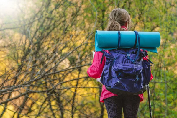 Woman Backpack Her Back Mountains — Fotografia de Stock