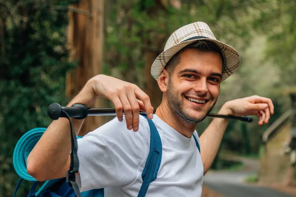 Portrait Young Man Backpack Hiking Trekking — Stockfoto