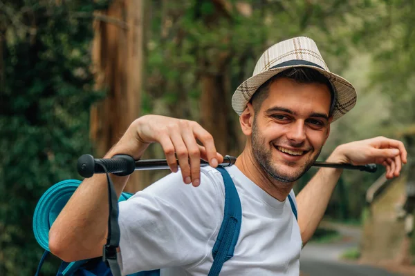 Portrait Young Man Backpack Hiking Trekking — Stockfoto