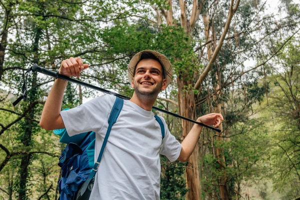 Portrait Young Man Backpack Hiking Trekking — Stockfoto