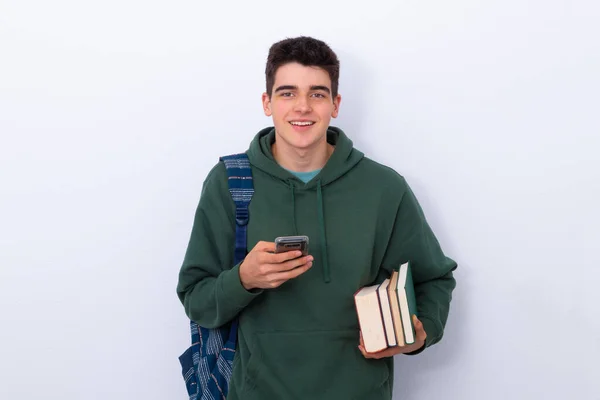 Estudiante Aislado Con Teléfono Móvil Mochila Con Libros — Foto de Stock