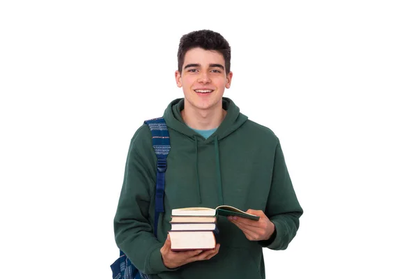 Estudante Com Livros Mochila Isolada Branco — Fotografia de Stock