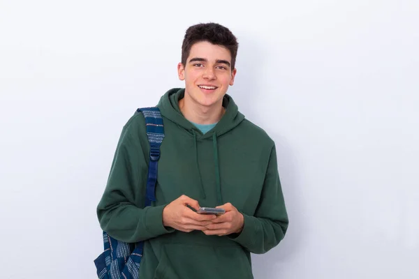 Dospívající Student Mobilním Telefonem Izolované — Stock fotografie