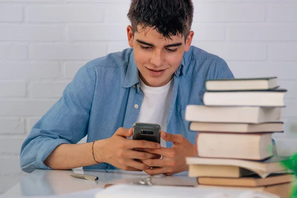 Teenage Student Desk Books Mobile Phone — Foto de Stock