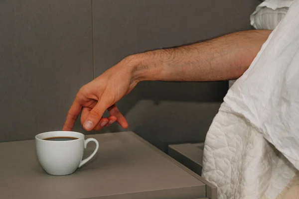 Hand Reaching Cup Coffee Morning Waking — Stok fotoğraf