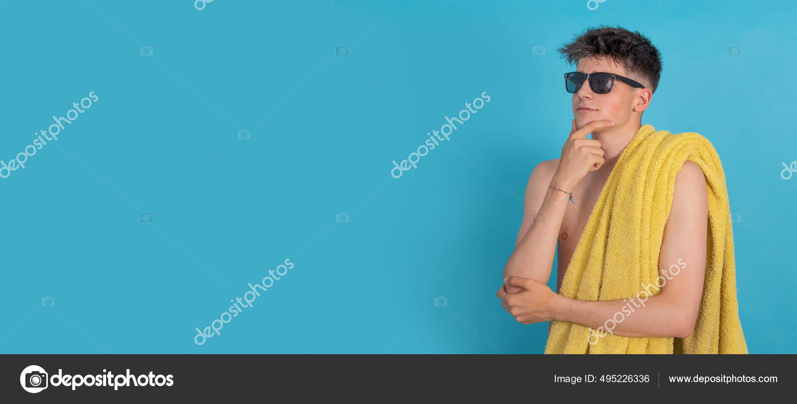 Teen Boy Isolated Swimsuit Sunglasses Towel Looking Sideways Stock