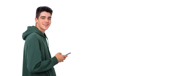 Jong Tiener Student Geïsoleerd Met Mobiele Telefoon — Stockfoto