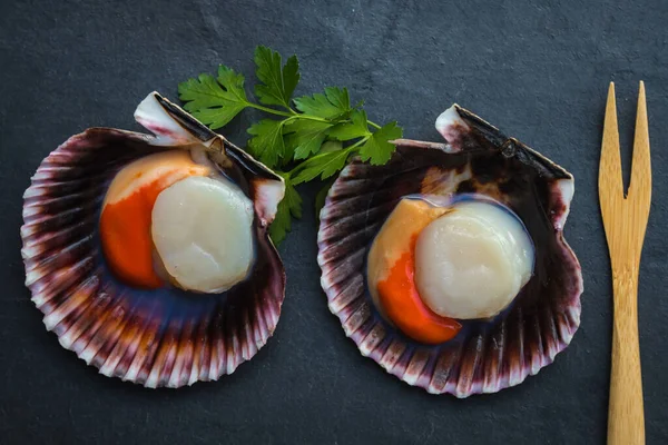 Top View Natural Scallops Parsley Wooden Fork — Stock Photo, Image