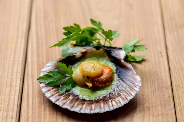 Scallops Scallops Grilled Green Sauce — Stock Photo, Image