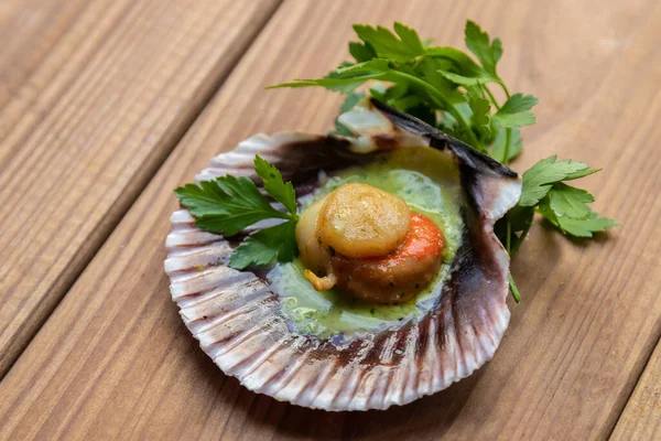 Scallops Scallops Grilled Green Sauce — Stock Photo, Image