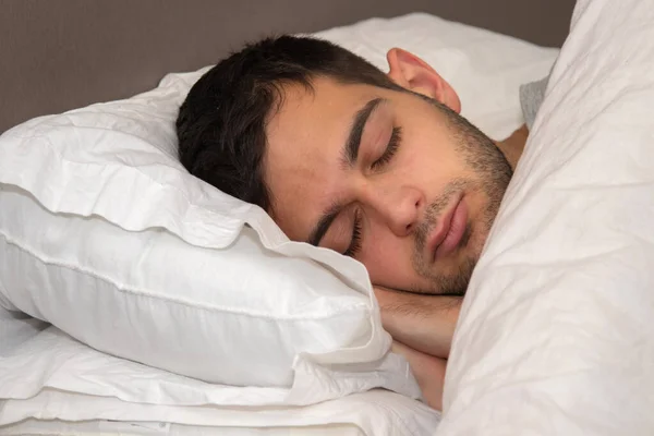 Portrait Young Man Sleeping Bed — Stock Photo, Image