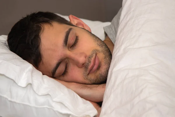 Portrait Young Man Sleeping Bed — Stock Photo, Image