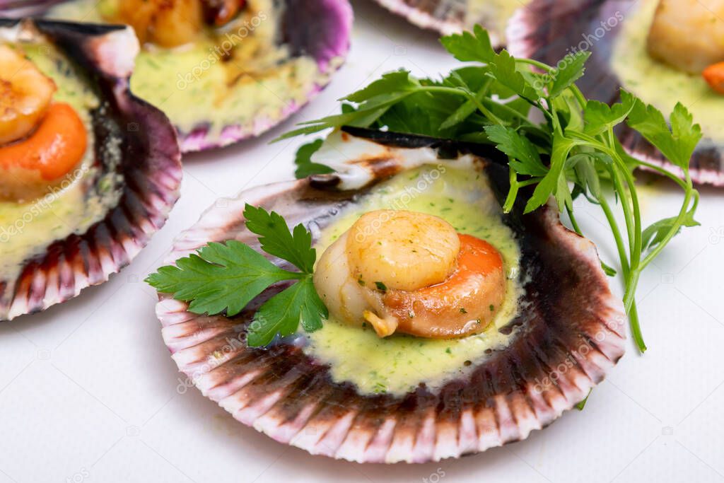 scallops or scallops grilled in green sauce