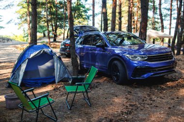 Ormanda bir eşarp ve arabayla kamp yapmak. Yüksek kalite fotoğraf