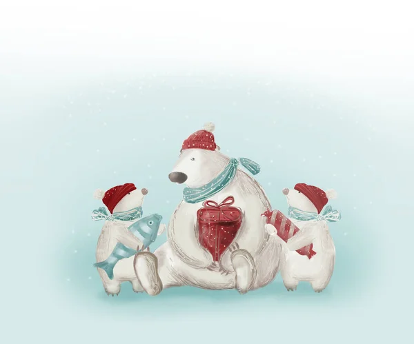 Kartu Natal. Beruang kutub dengan anaknya. Hewan lucu. Stok Gambar Bebas Royalti