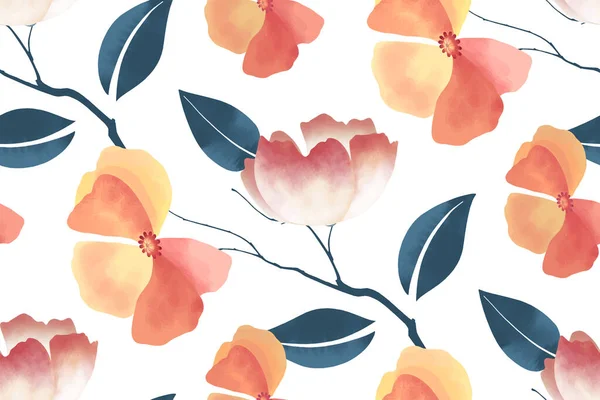 Floral seamless pattern. Delicate pink, orange flowers, blue branches, leaves.