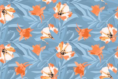 Çiçeksiz vektör deseni. Turuncu, beyaz çiçekler, mavi yapraklar..