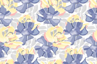 Çiçeksiz vektör deseni. Pastel çiçek arka planı. Sarı, mavi çiçekler, gri yapraklar..