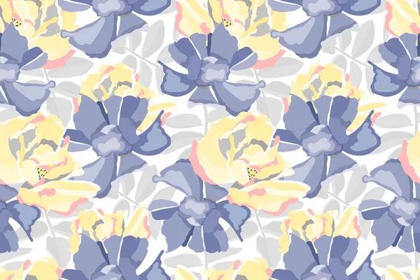 Motif floral vectoriel sans couture. Fond de fleur pastel. Fleurs jaunes, bleues, feuilles grises. — Image vectorielle