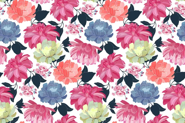 Vector bloemen naadloos patroon. Roze, blauw, geel, koraal kleur bloemen. — Stockvector