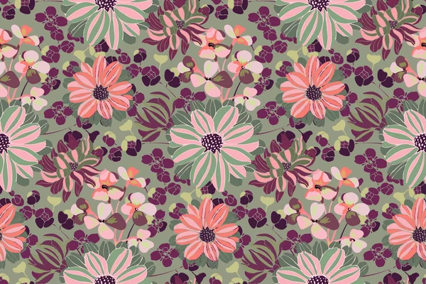 Patrón floral vectorial. Rosa, púrpura, flores de jardín verde. — Vector de stock