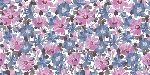 Patrón sin costura floral vectorial. Flores y hojas de pastel. Elementos florales rosa, azul, púrpura. — Archivo Imágenes Vectoriales